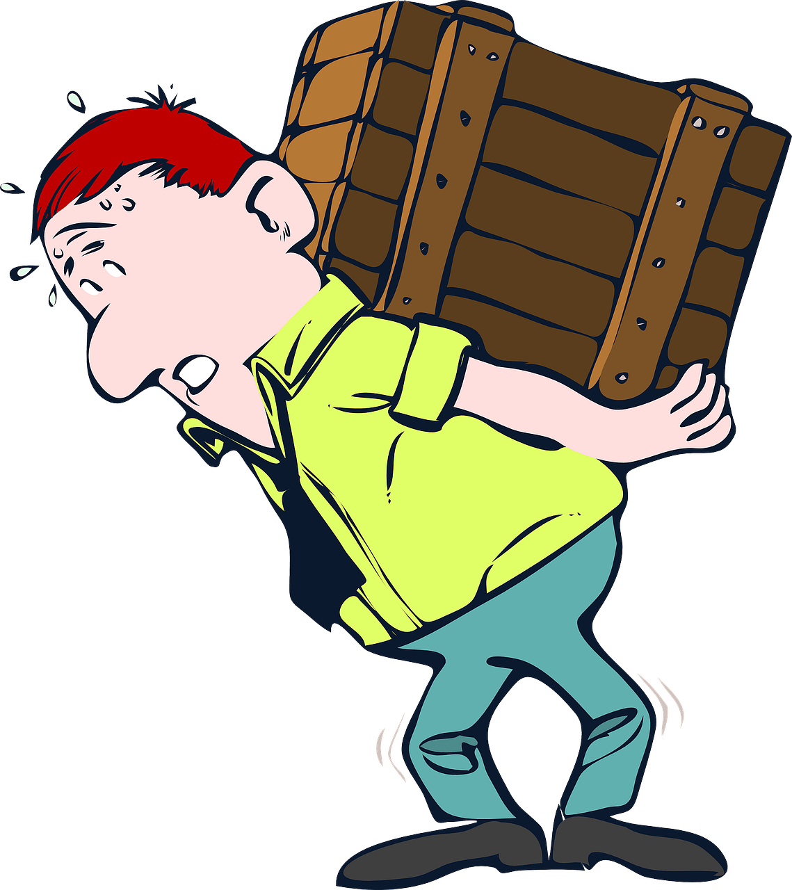 Cartoon man with heavy wooden box 